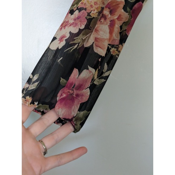 Mi Ami Dress Juniors Medium Boho Black Floral Mini Sheer Chiffon Tiered Garden‎ - Picture 5 of 8